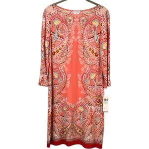 London Times Dress Coral Pink Paisley Print Shift Style in Size‎ 8  NWT